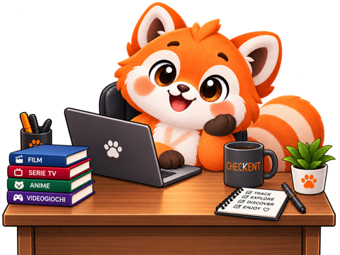Tito, il panda rosso di CheckEnt, alla scrivania con i suoi libri di film, serie TV, anime e videogiochi